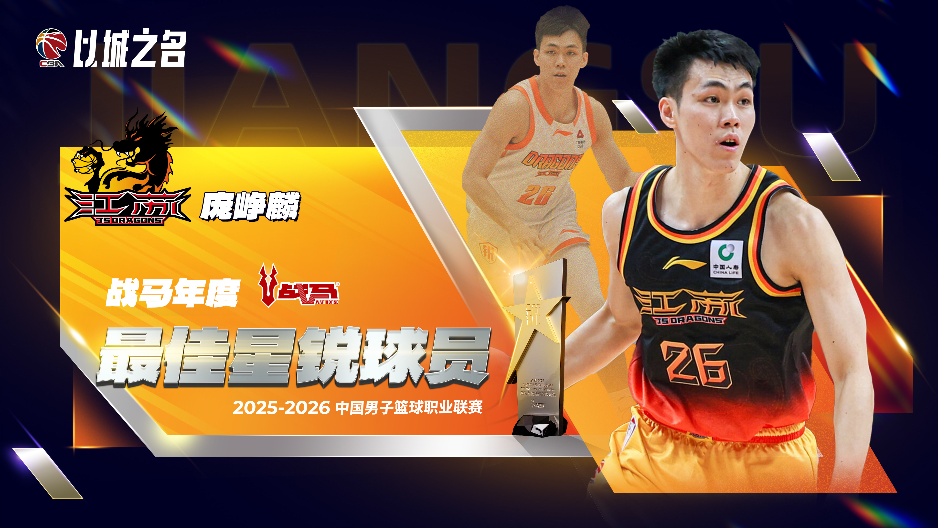 2025-26赛季CBA最佳星锐球员：庞峥麟（江苏）。毫无悬念CBA