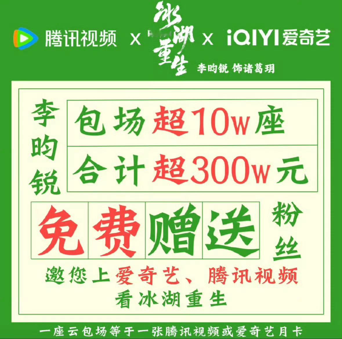 李昀锐粉丝为冰湖重生准备了10w云包场，合计超过300万元