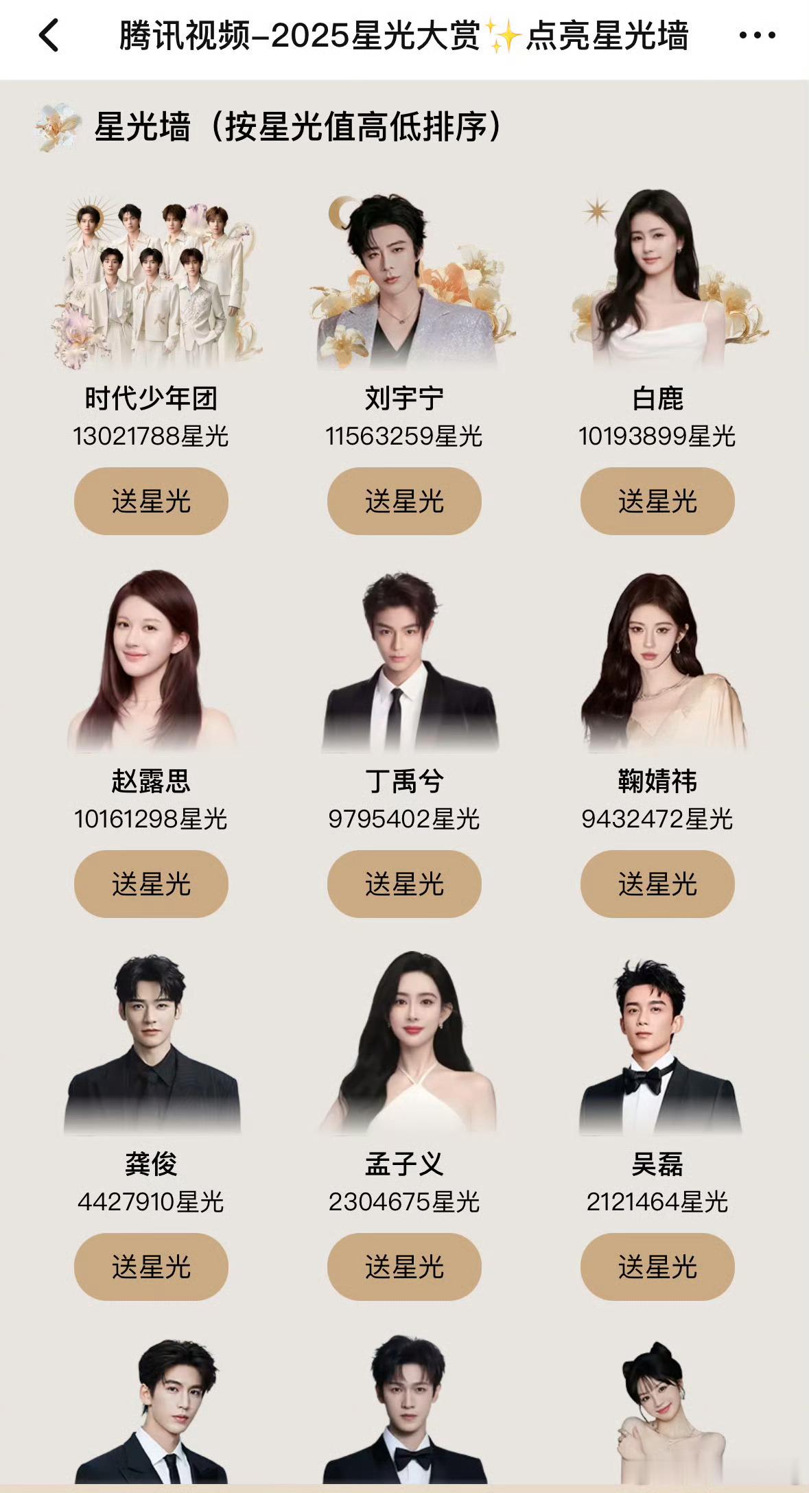 星光大赏星光墙目前排名时代少年团第一 刘宇宁第二 白鹿第三 目前前三唯一的女明星