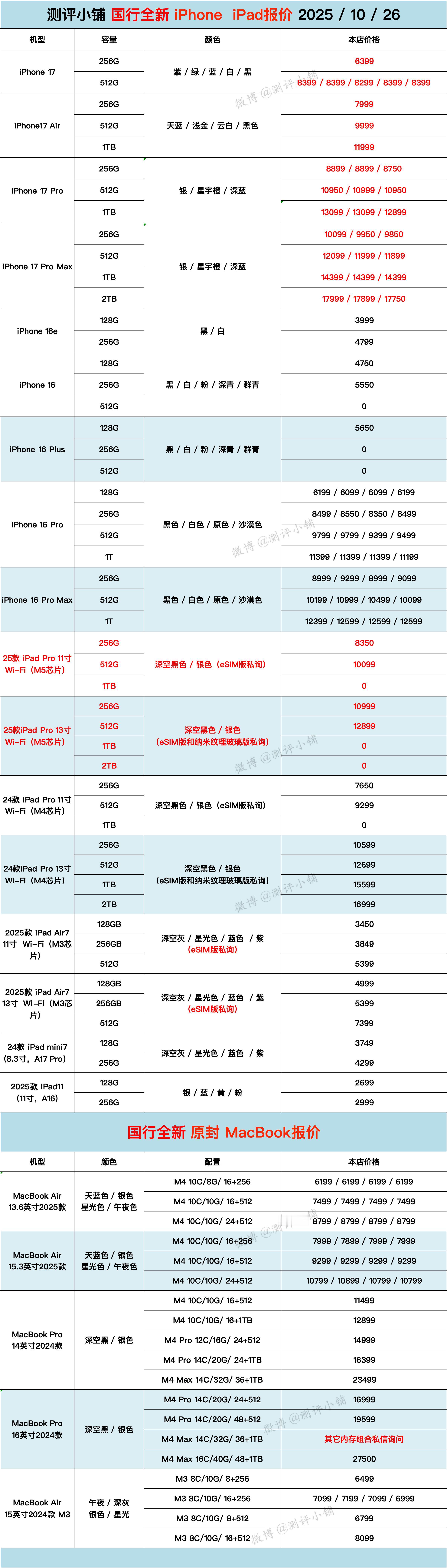 10-26国行全新机iPhone17 Air、iPad系列，小米15全系列，OP