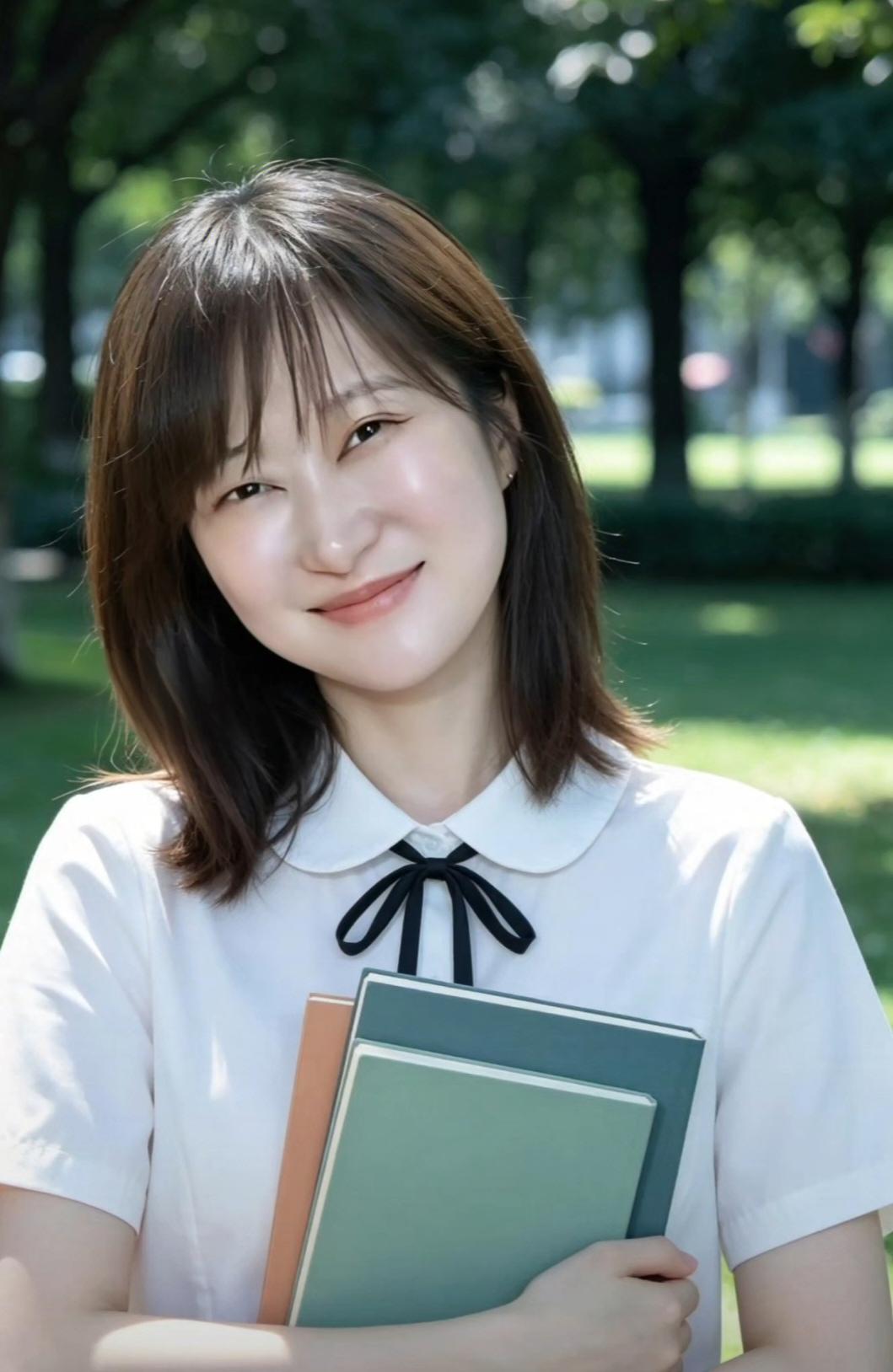 这个女孩在公园里拿着书微笑。