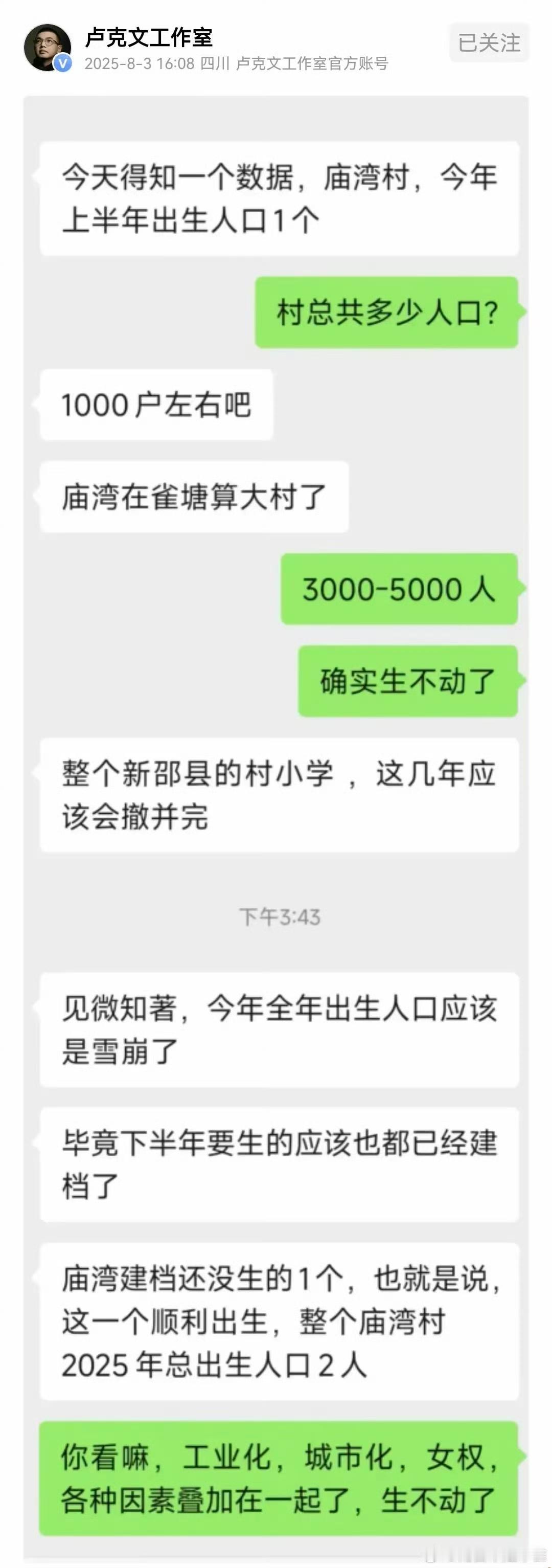几千人的村子就生了一个孩子，网文大V卢克文爆料老家农村生育现状，上半年生一个，下