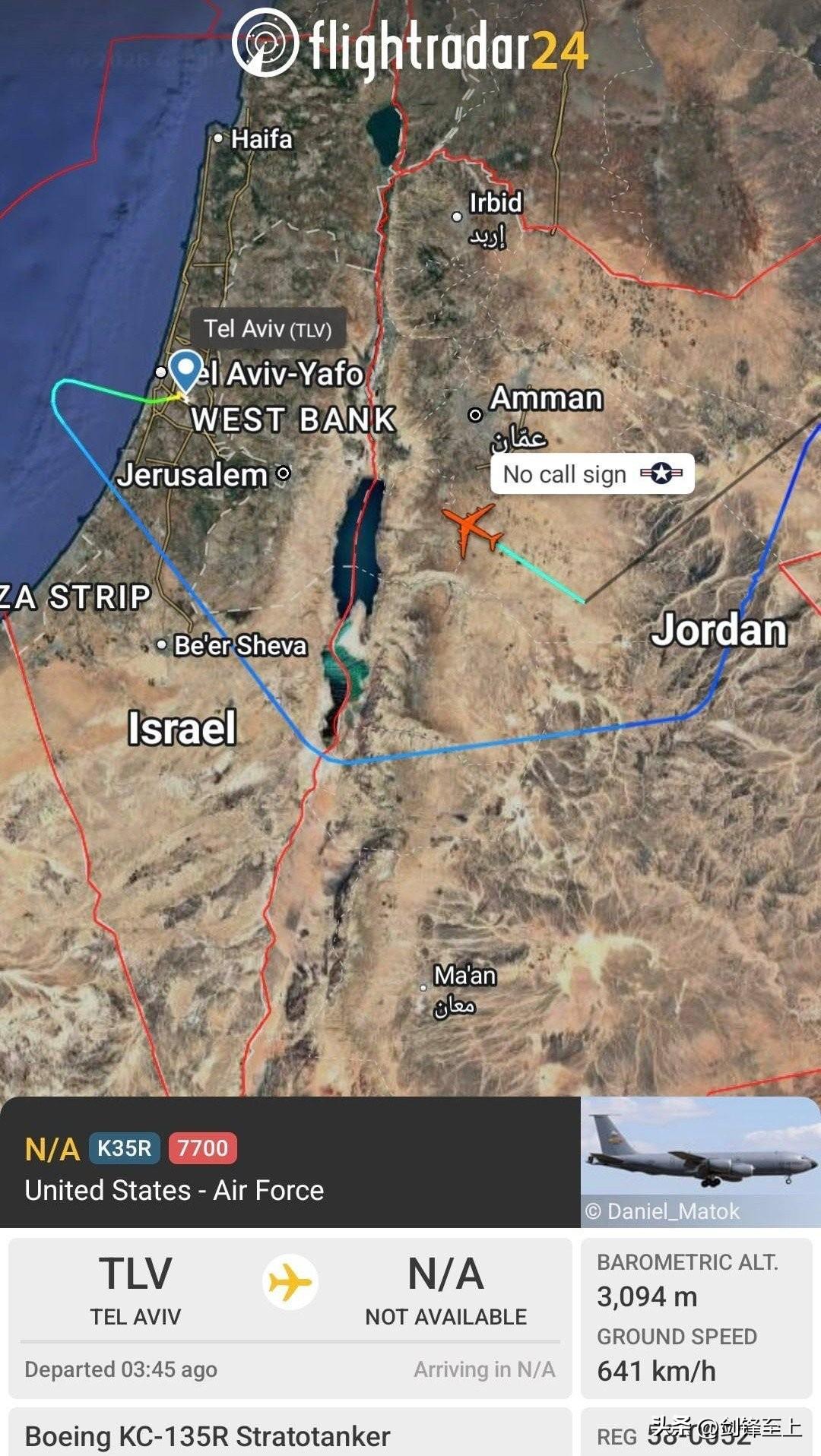 一架美国KC-135空中加油飞机在约旦上空发出紧急代码7700，最后返回特拉维夫