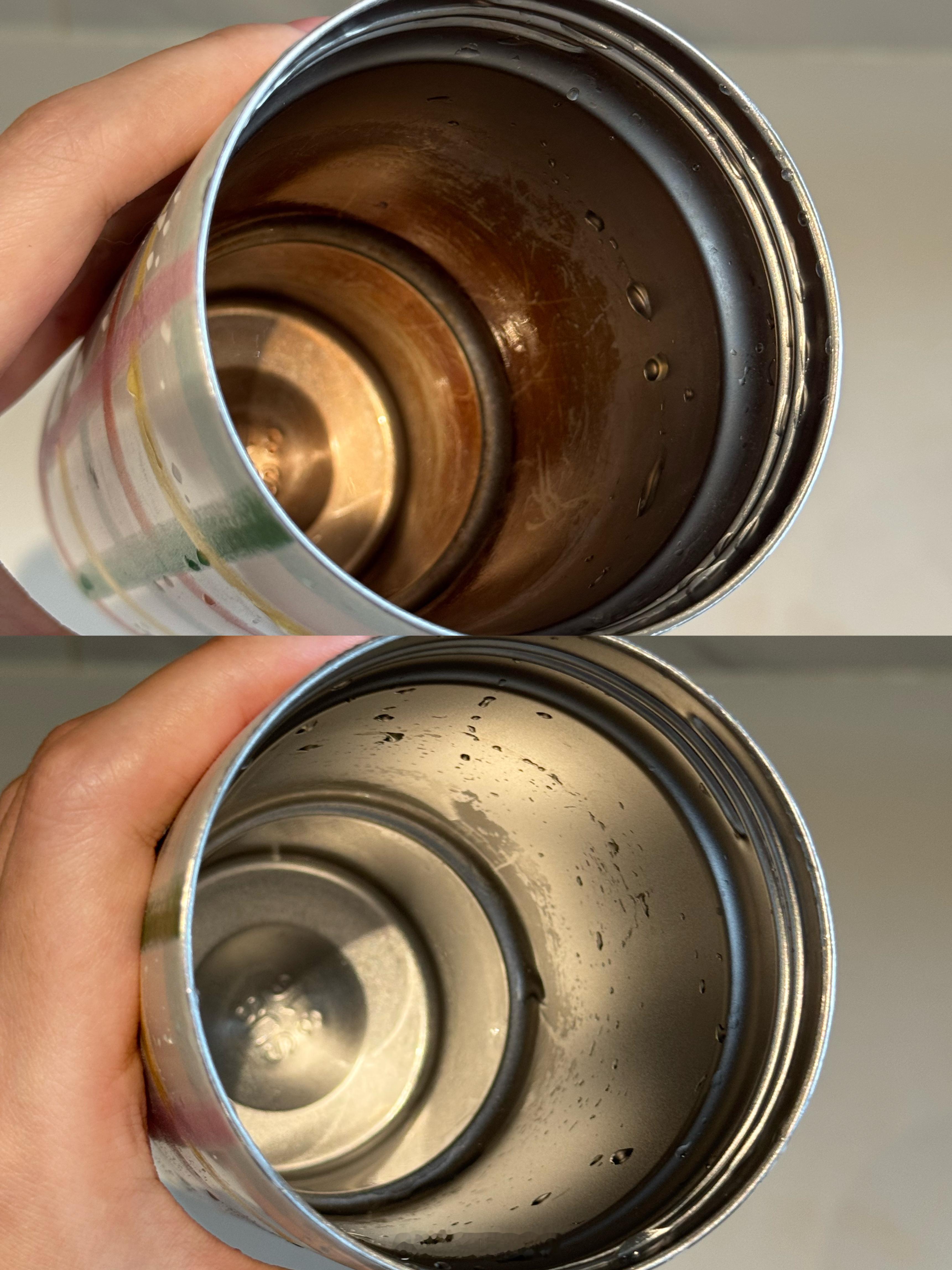 这个咖啡茶垢净好牛开水泡着静置10分钟都用不上刷子，陈年老垢一冲就掉俺的杯子宛若