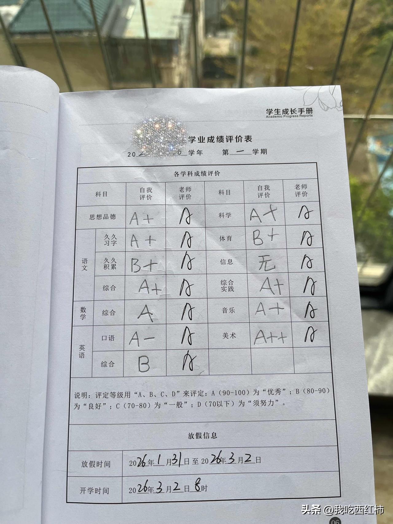 一年级的女儿成绩一般，心态好极了
昨天开学的时候，班主任让把'学生手册'填好上交