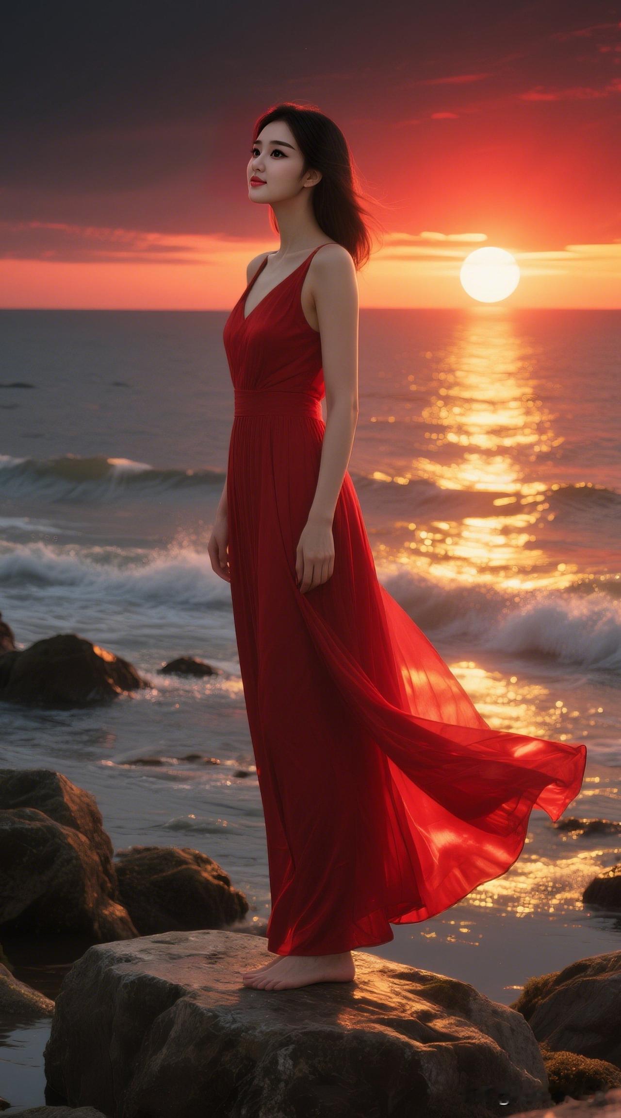 夕阳下的红裙仙子，海风轻拂，美如画卷。光影写真推荐