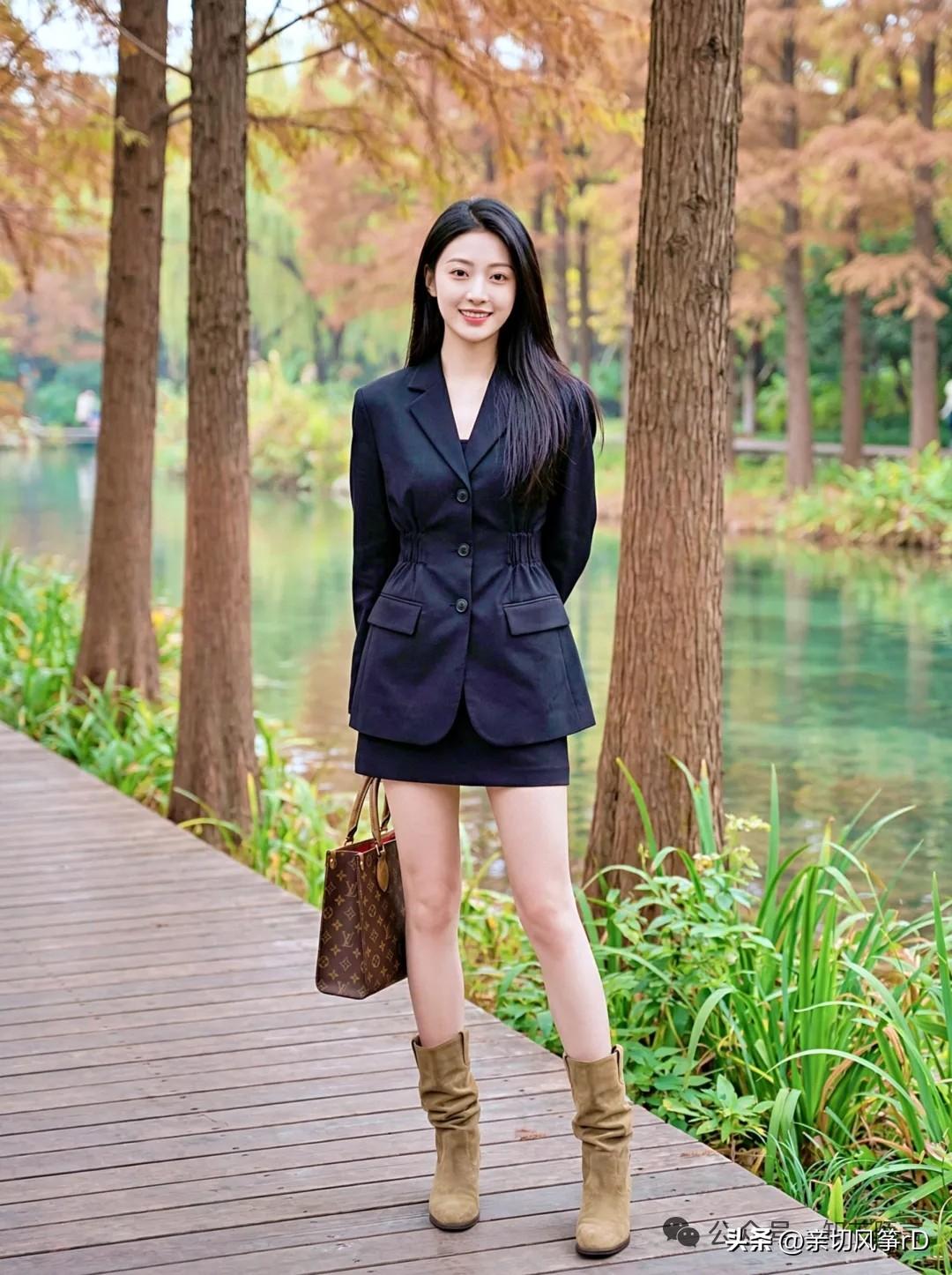 秋日穿搭指南：黑色西装外套+棕色靴子，时尚又温暖！棕色高跟鞋穿搭 灰西装搭配 棕