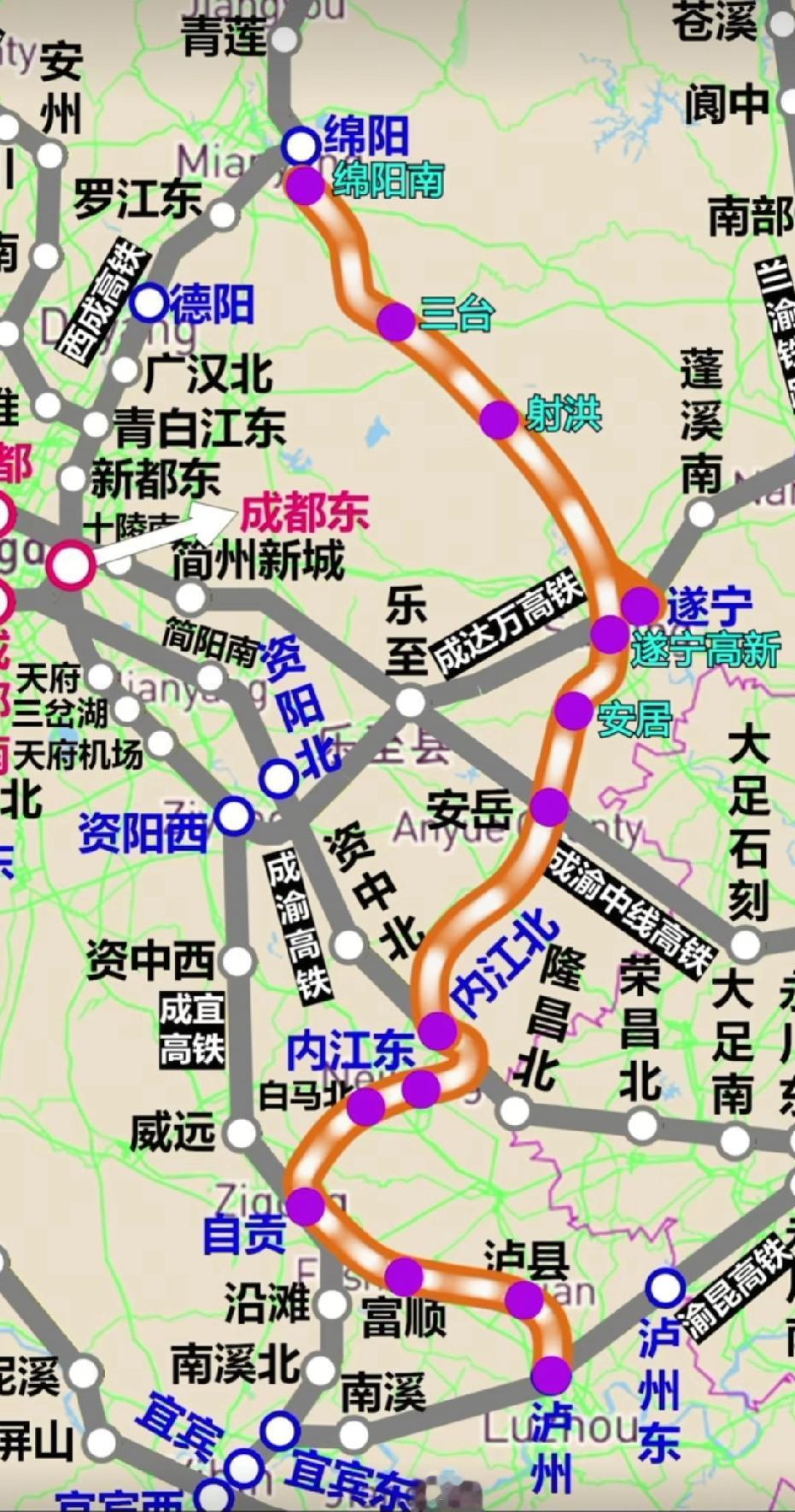 四川南北大通道——绵泸高铁线路走向！

绵泸高铁是四川省规划的核心南北大通道，线
