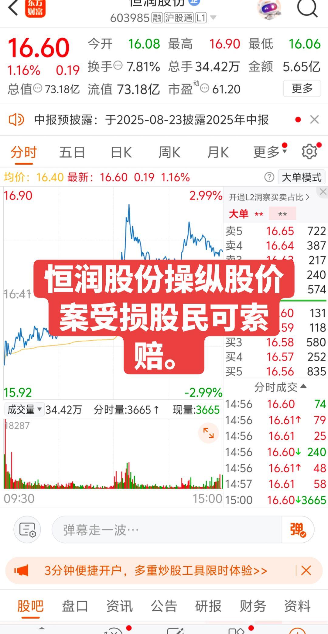 恒润股份股价被人为操纵，在2023年7月10日至2023年12月27日受操纵期间