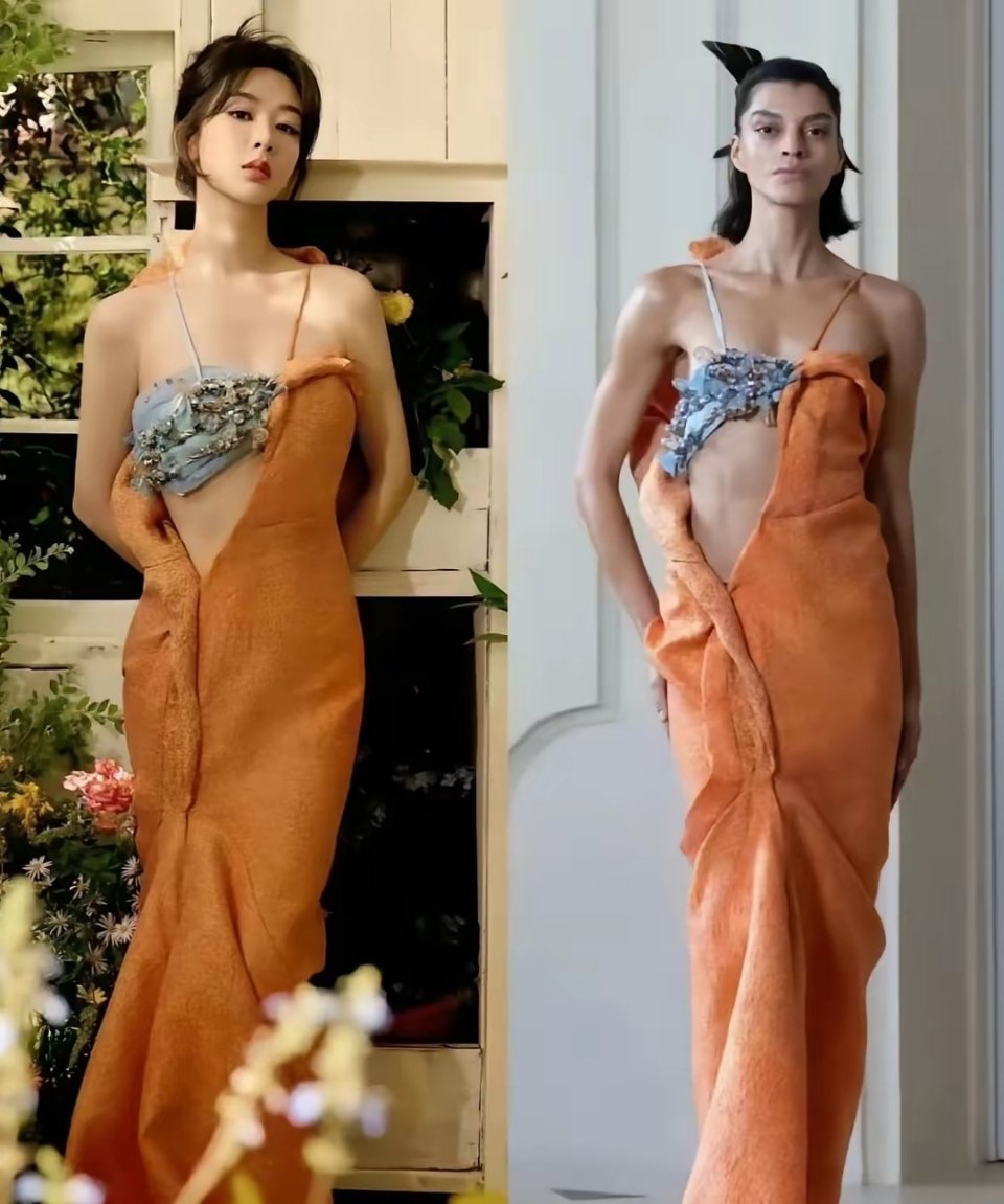 事实证明不是越瘦越好看不对比不知道，杨紫和超模穿同一件高定，身材差距太真实了！图