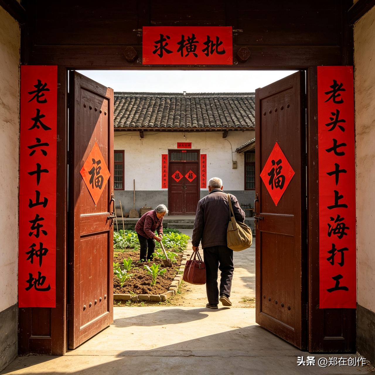 朴实对联道尽人间烟火，老太六十家乡耕耘，老翁七十异乡奔波，一守故土、一闯远方，满