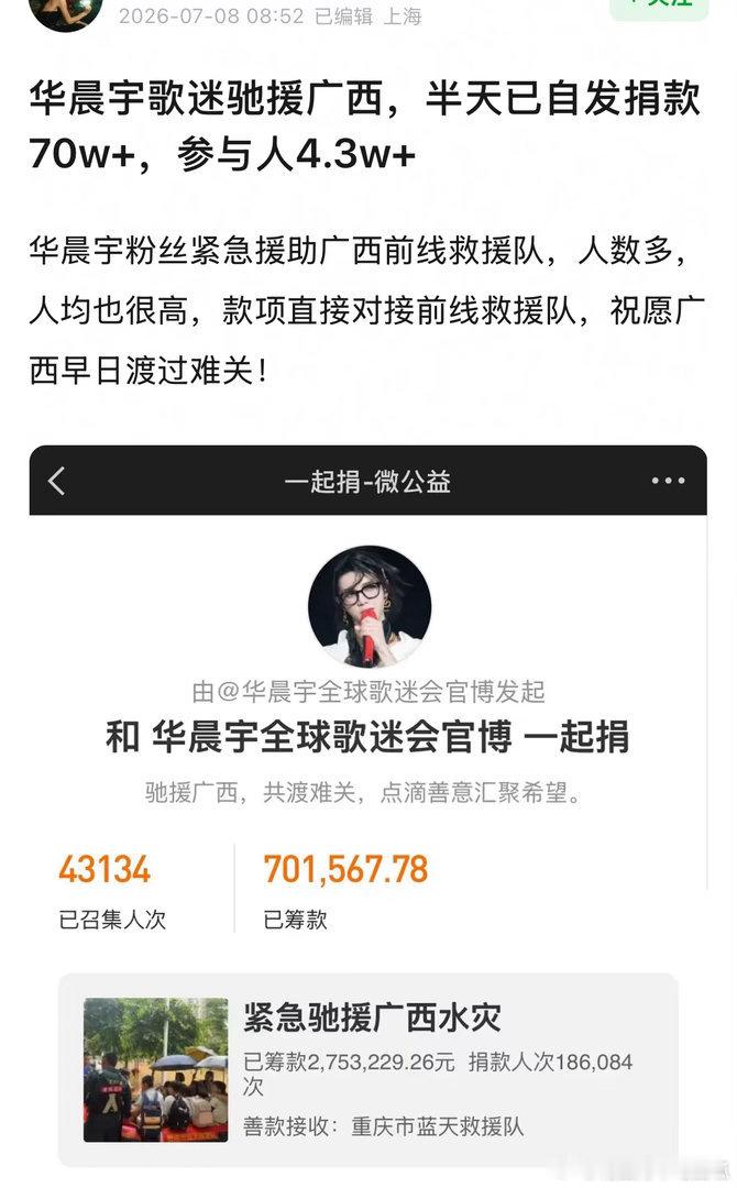 华晨宇粉丝为广西水灾自发捐款了，才一个晚上过去就累计73w➕，参与人数已经4.6