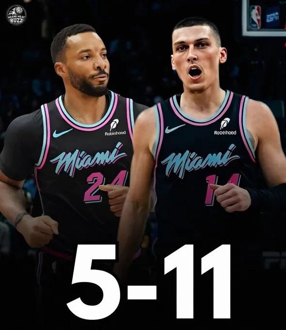 5胜11负！休赛期该交易了！
据统计，热火本赛季当泰勒-希罗和诺曼-鲍威尔共同出