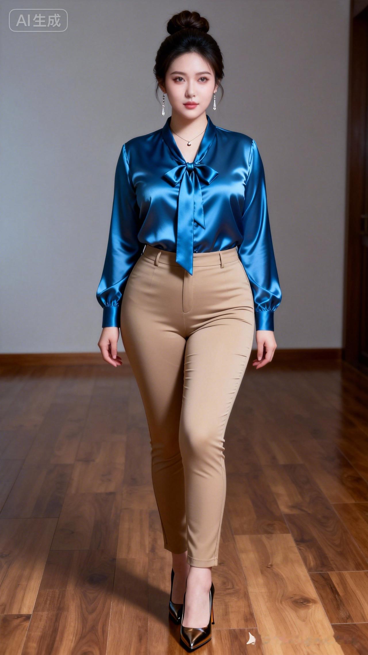 优雅蓝丝绒衬衫搭配米色高腰裤，尽显都市女性魅力！👗✨