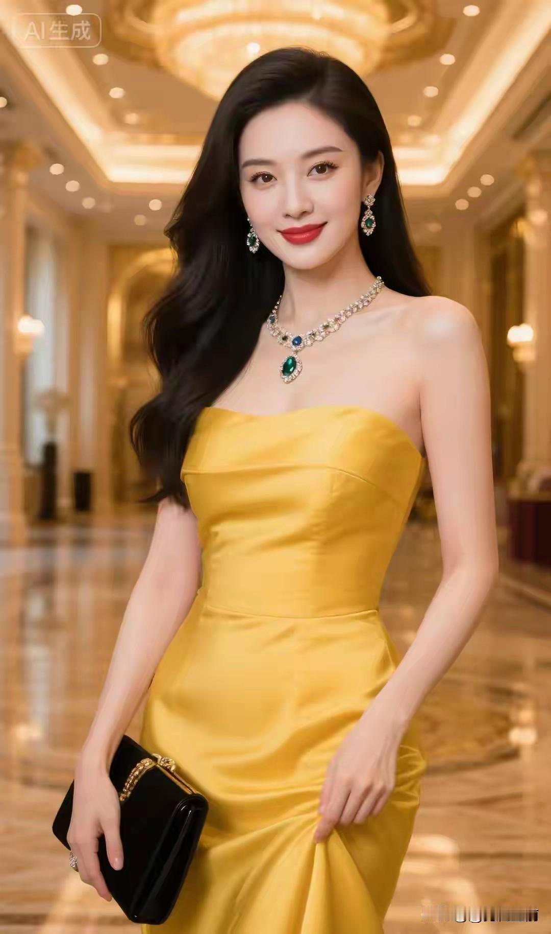 优雅气质，黄色礼服与珠宝的完美搭配，尽显高贵典雅！