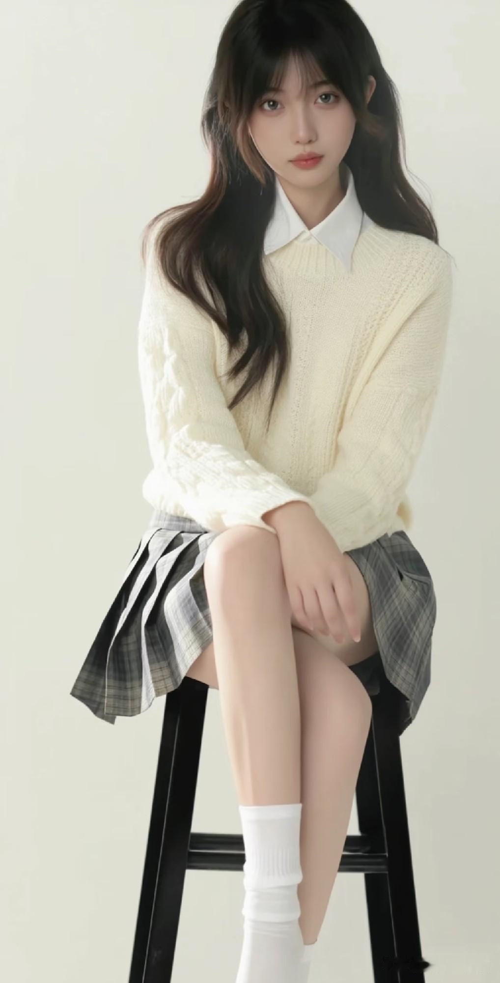 这姑娘坐在凳子上，看着镜头。