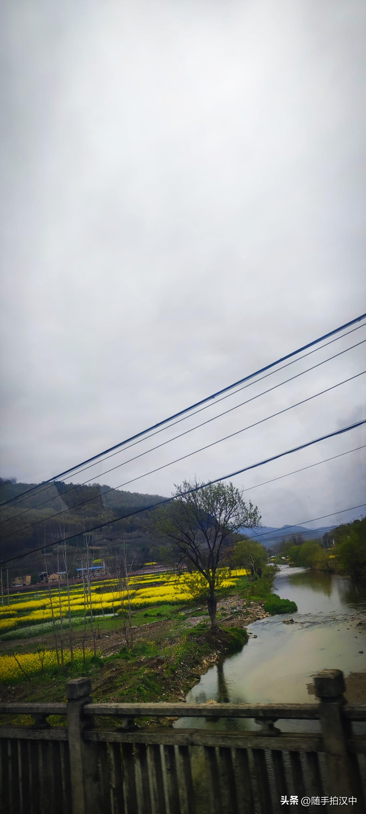 连日的雨水，小河的水也是有些浑浊。从桥上望向远山：掠过田里的油菜花和麦浪，心情大