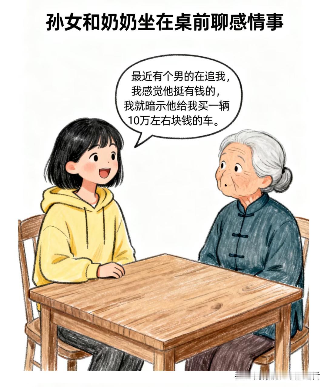趣味漫画：孙女跟奶奶说：我暗示追我的男生买10万的车，他却送我10万的包包，你说