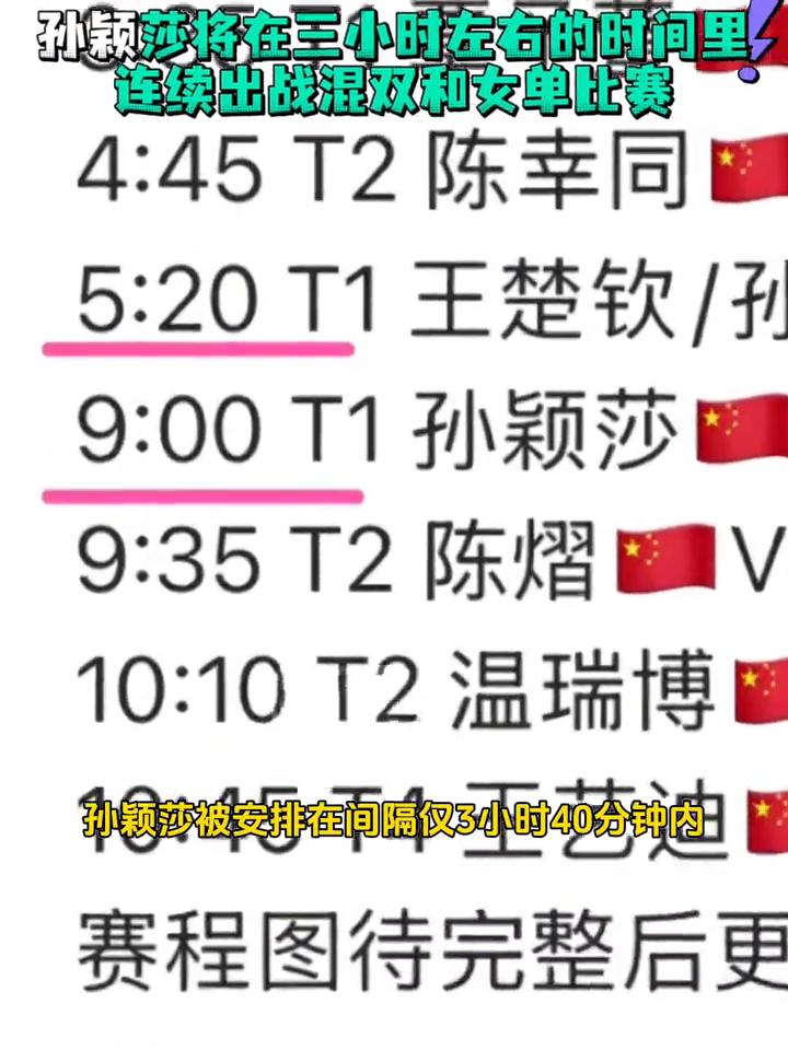 WTT美国大满贯赛程公布后引发热议，孙颖莎将在三小时左右的时间里连续出战混双和女