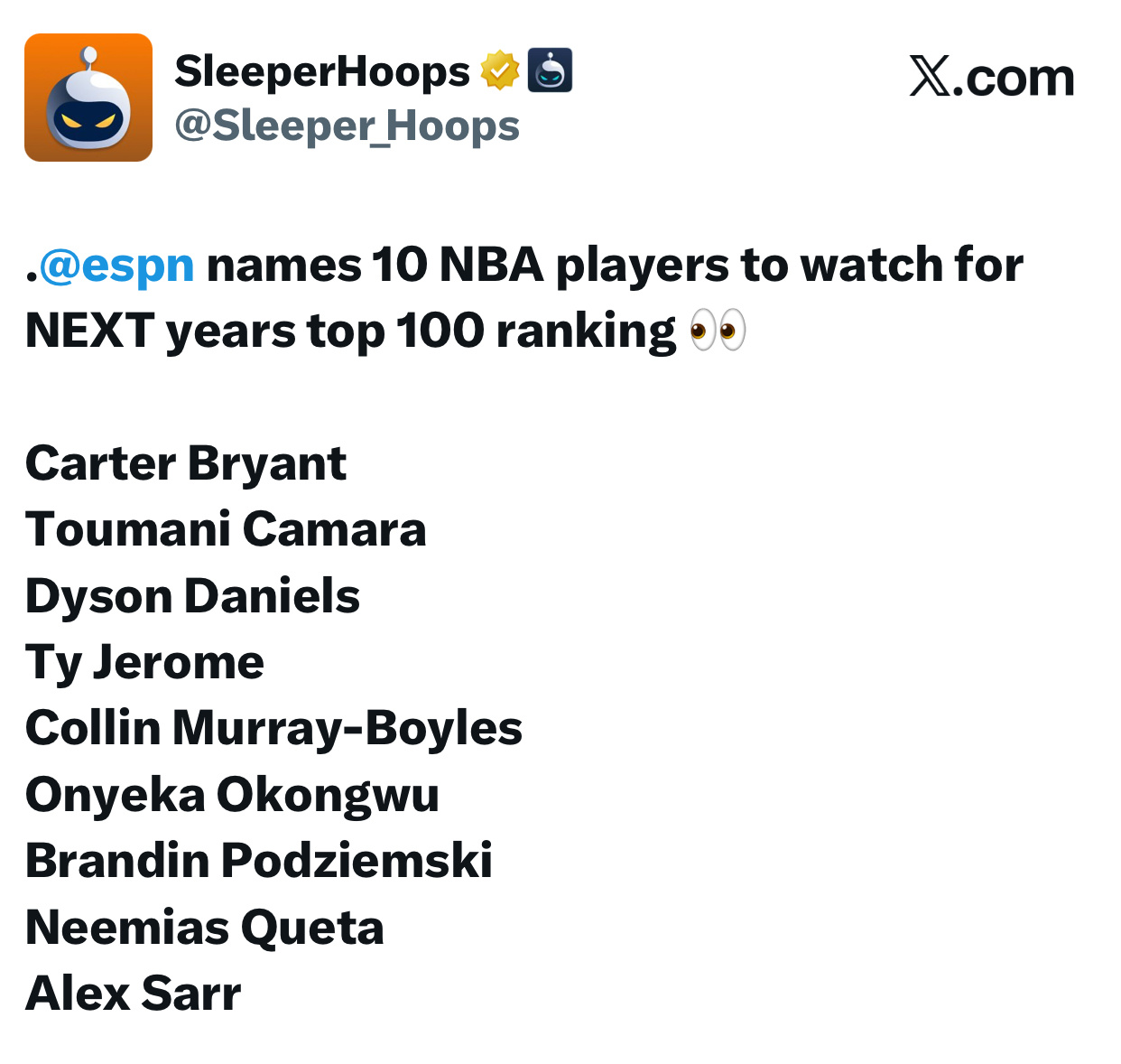 ESPN列出新赛季10位值得重点观察的球员，他们有望入选明年的NBA百大球员榜单