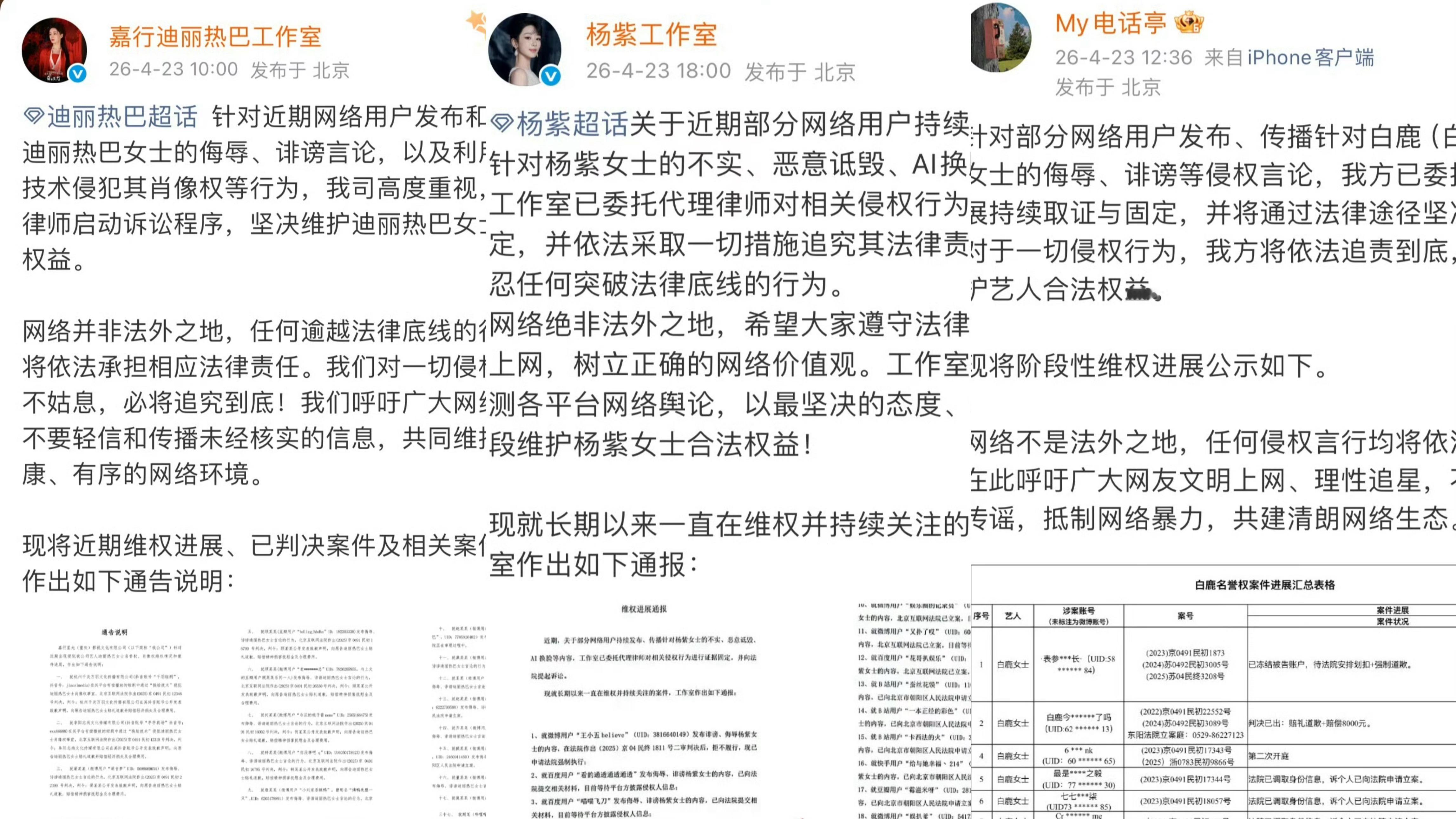 三大当红顶流🌸迪丽热巴 杨紫 白鹿今天都发了告嘿名单。 