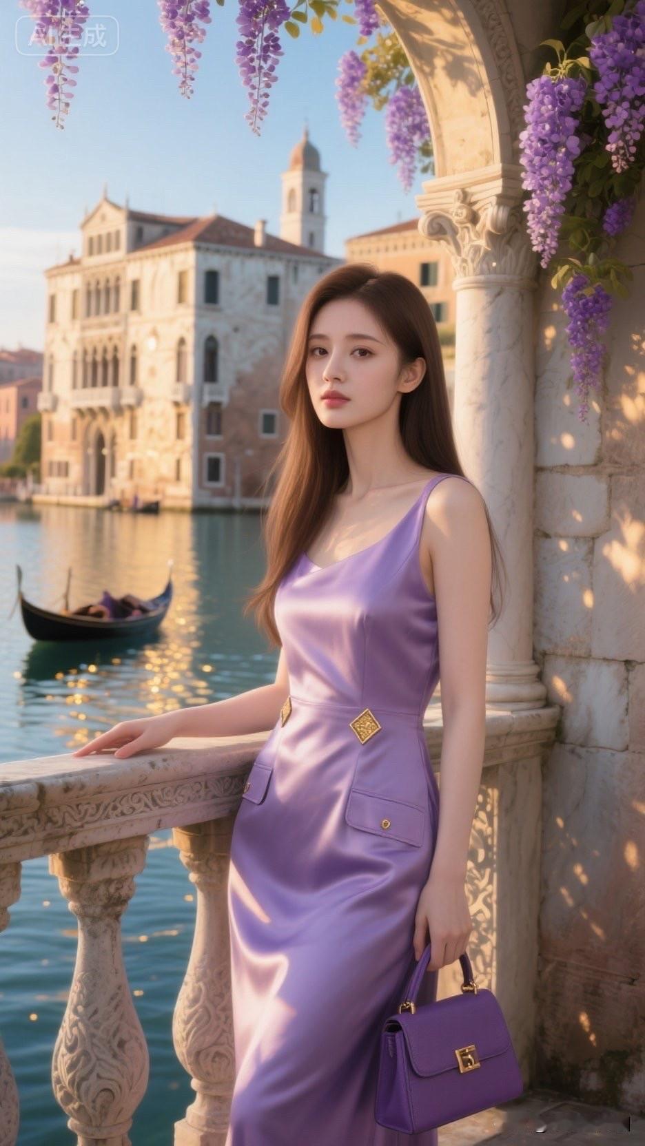 威尼斯的浪漫时光，紫色裙摆与夕阳相映成趣