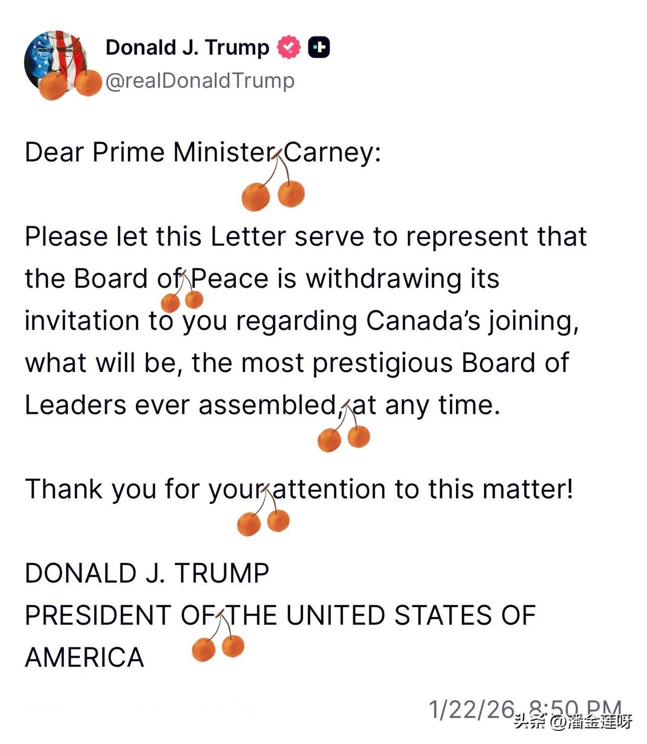 加拿大总理卡尼在达沃斯：“如果大国连表面上的规则与价值观都抛弃，一味不受限制地追