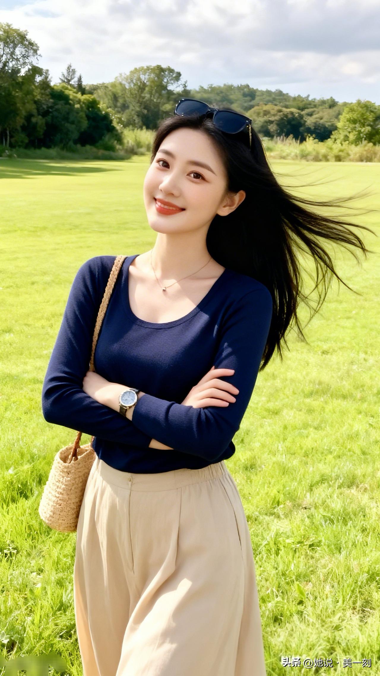 阳光明媚的午后，绿意盎然的田野，甜美笑容的她，享受着大自然的美好时光。🌞🌿?