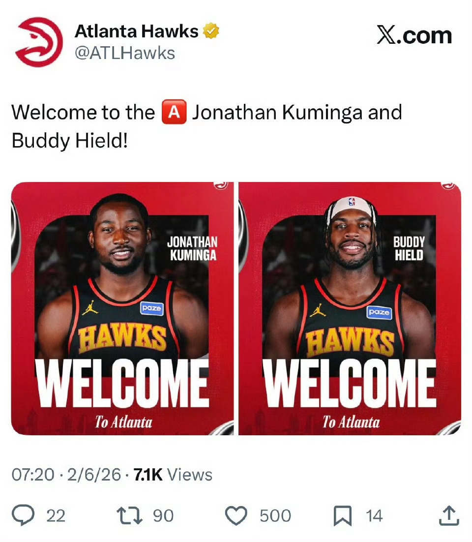 老鹰官方发文欢迎库明加和巴迪的加盟，勇士也送别了TJD，希望大家都在这个联盟得到