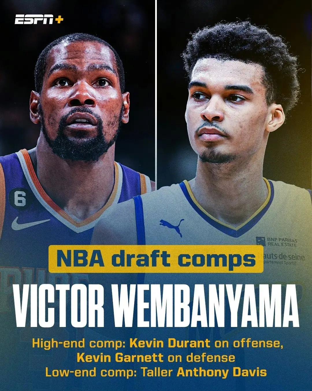 NBA选秀明天6月23号开始，ESPN展望准状元文班亚马，说他上限杜兰特和加内特