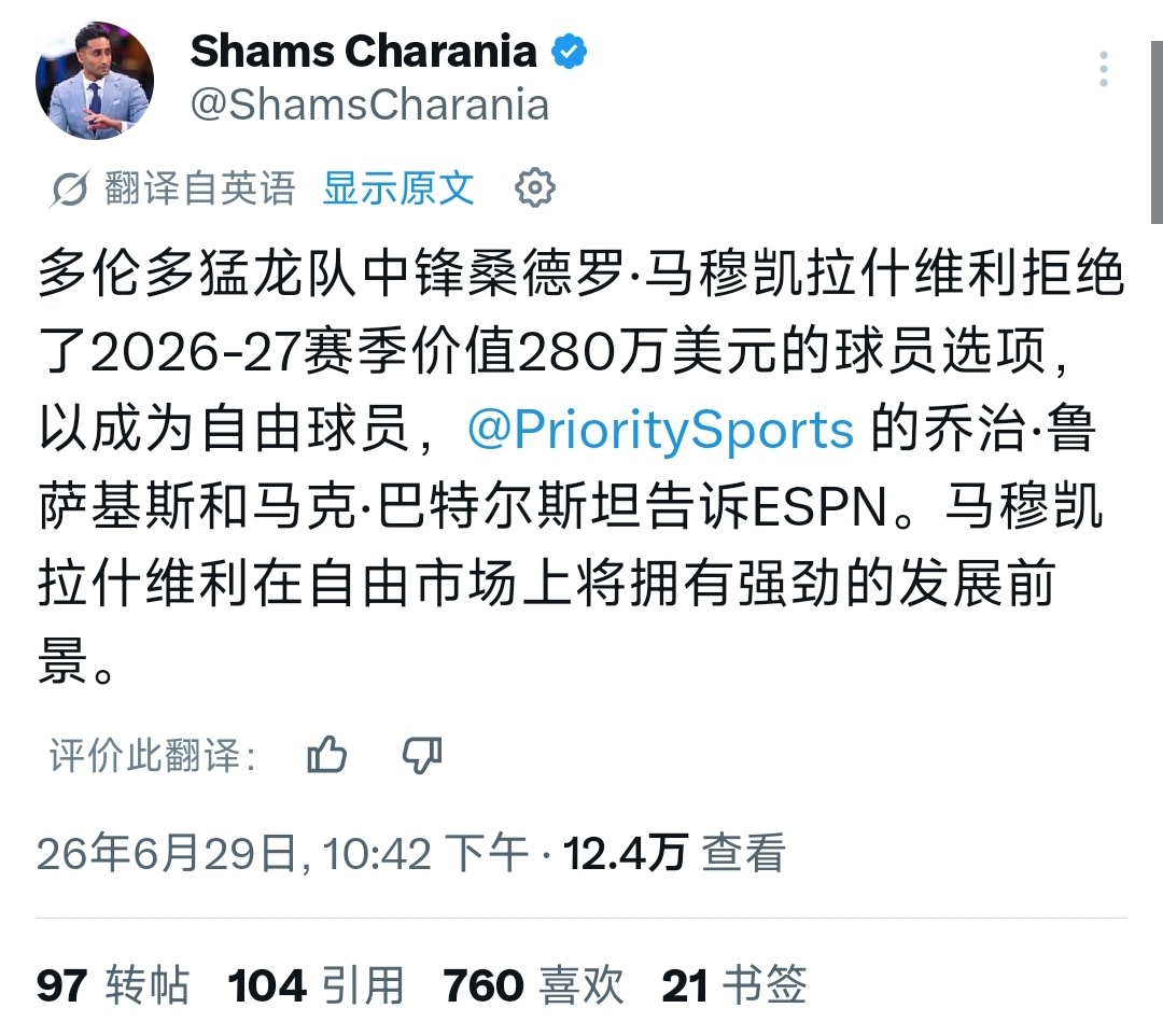 马穆也成自由球员了 