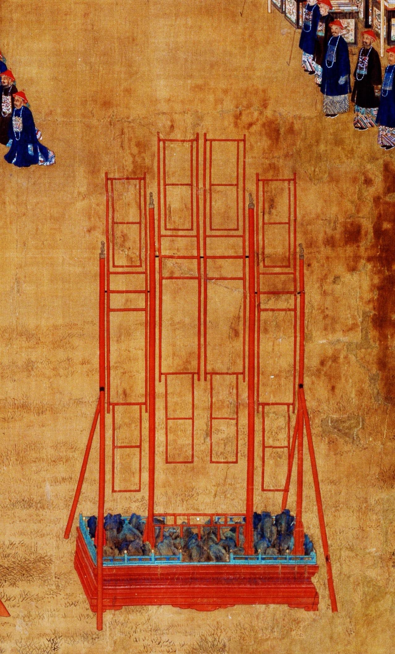 这三幅画都出自清代宫廷纪实画作《万树园赐宴图》，画中的红色装置是清代宫廷用于宴饮