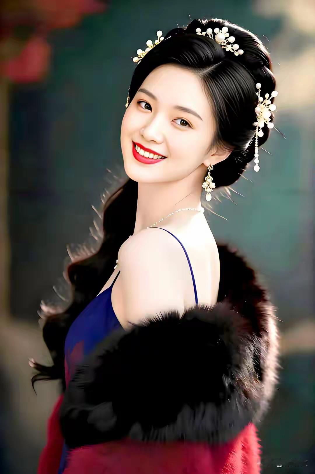 嫣然一笑百媚生，
恰似春风拂柳轻。
眉似春山寒远黛
眸若秋水映繁星。