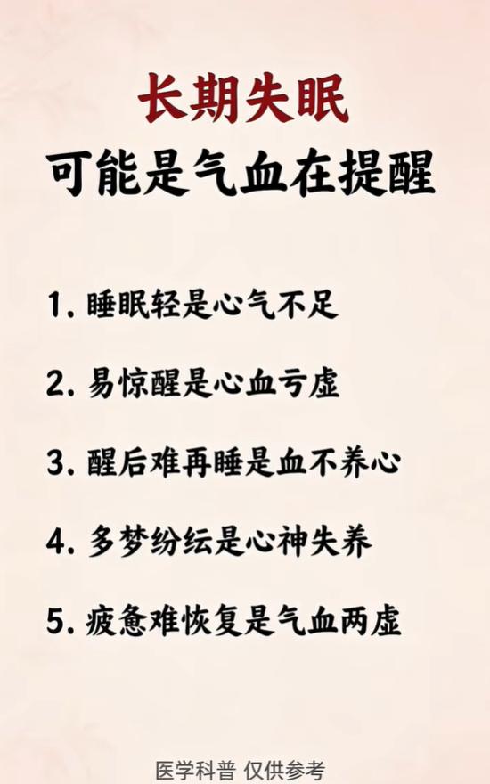 中医认为，心神依靠气血濡养，气血亏虚，心神不得安定，便会出现各类睡眠问题：

