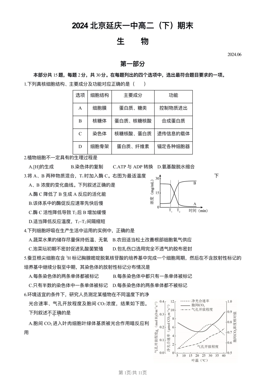 高二生物 | 24年延庆期末练习