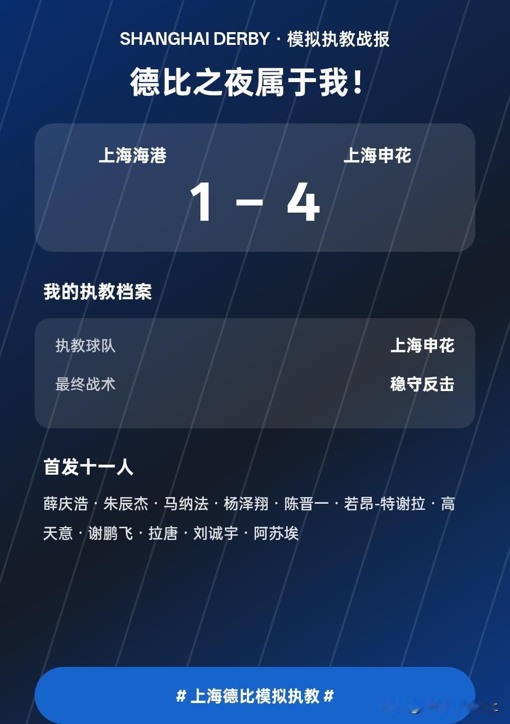 我执教申花踢完上海德比：1-4
我的上海德比模拟执教结果出炉了！\n执教球队：上