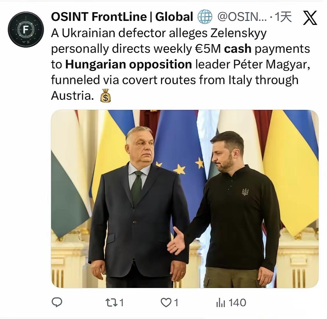 一名乌克兰情报官员叛逃至匈牙利，曝光了一桩惊天内幕，自2025年11月起，泽连斯