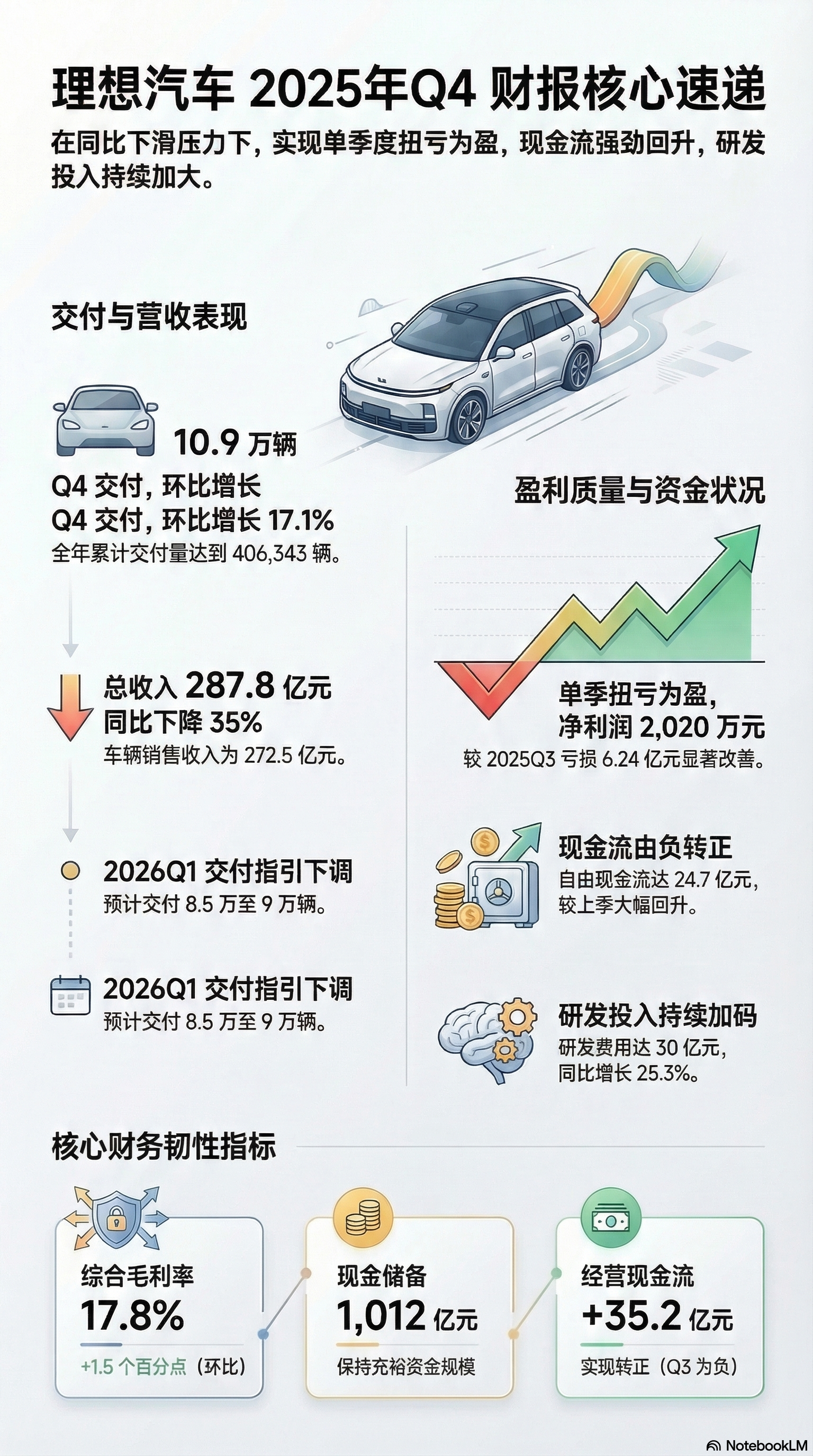理想的Q4财报出来了。简单捋一捋数据：1️⃣ 交付：Q4 10.9万台，全年40