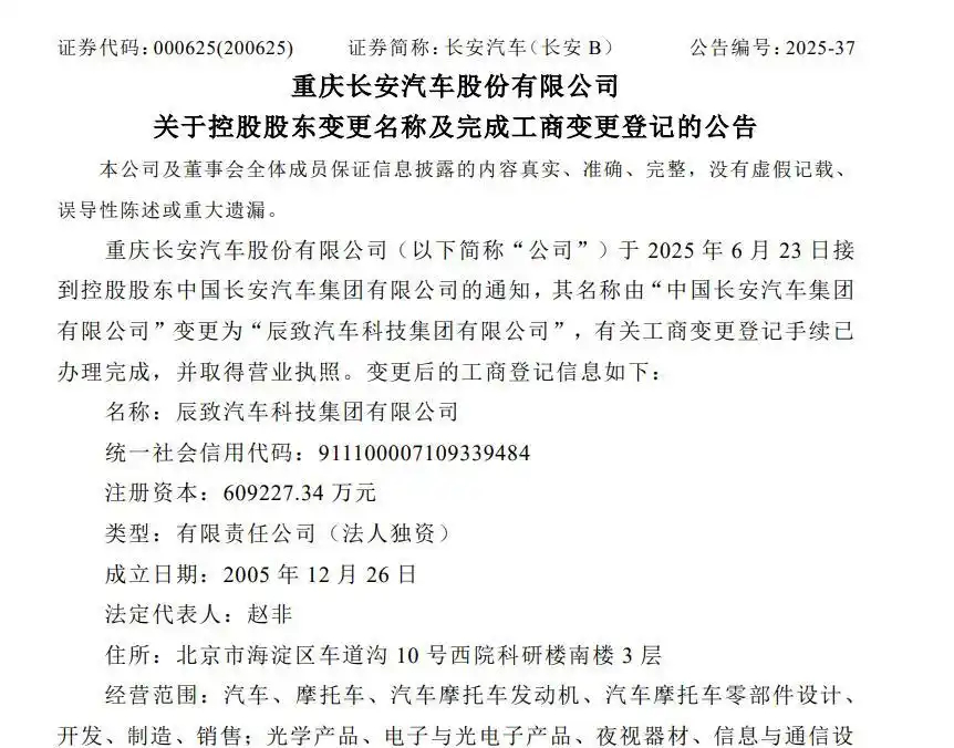 兵装系汽车业务重组最新进展长安汽车控股股东变更为“辰致汽车科技集团”。长安汽车表