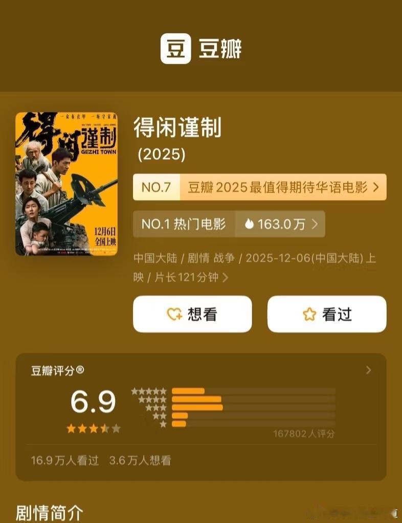 得闲谨制豆瓣开分6.9客观的讲6.9分算不错了，不仅及格了还有富余，比上半年的射