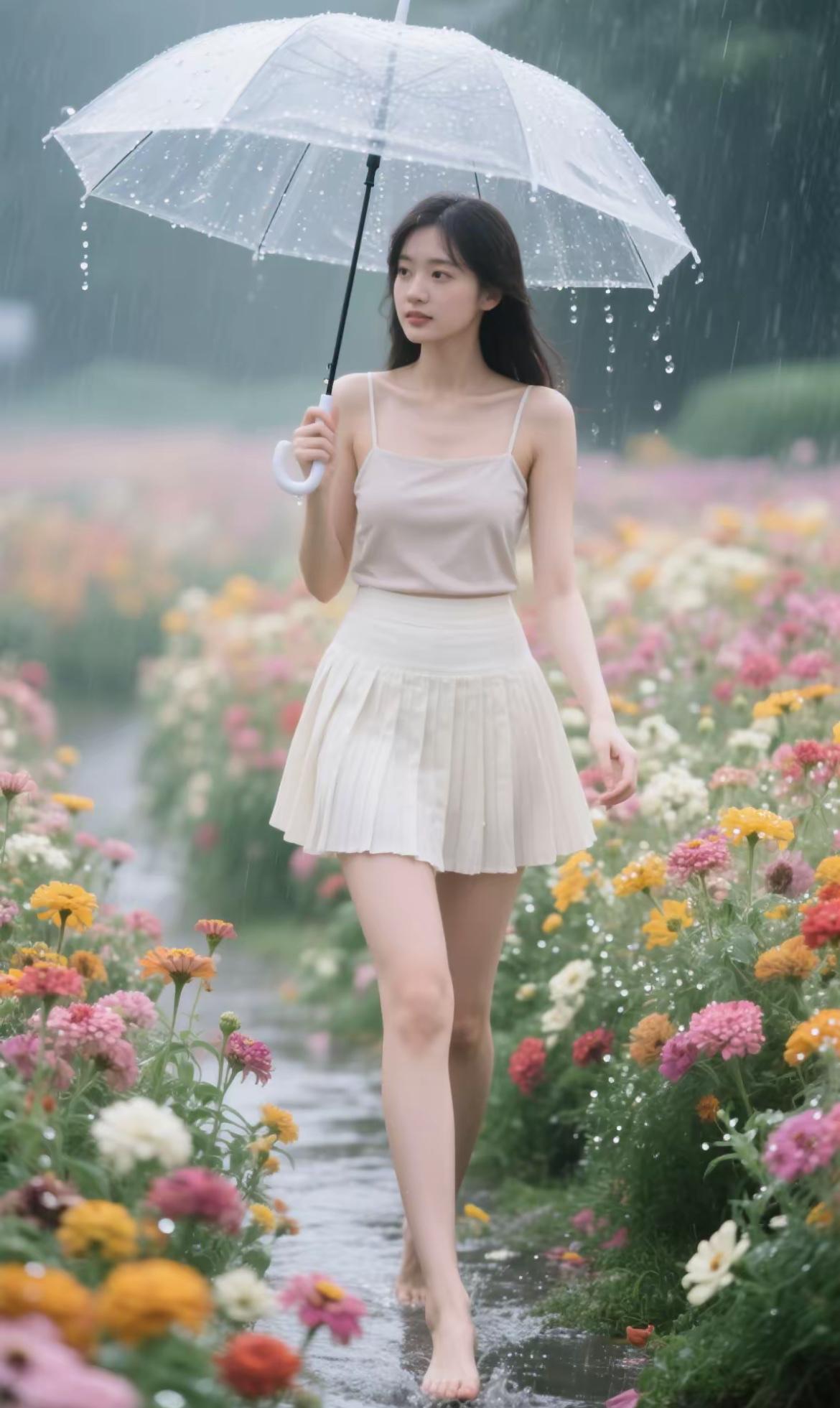 雨中花径，伞下美人行。花中风景 雨中花朵