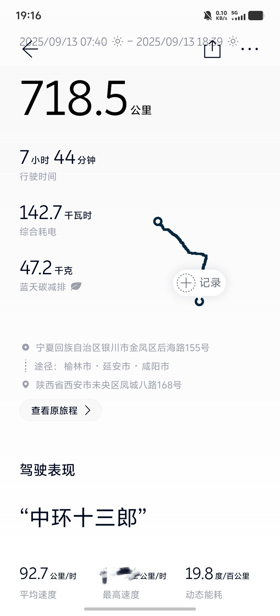 今天700km，从宁夏银川到陕西西安。包含城市道路，均速93km/h[doge]