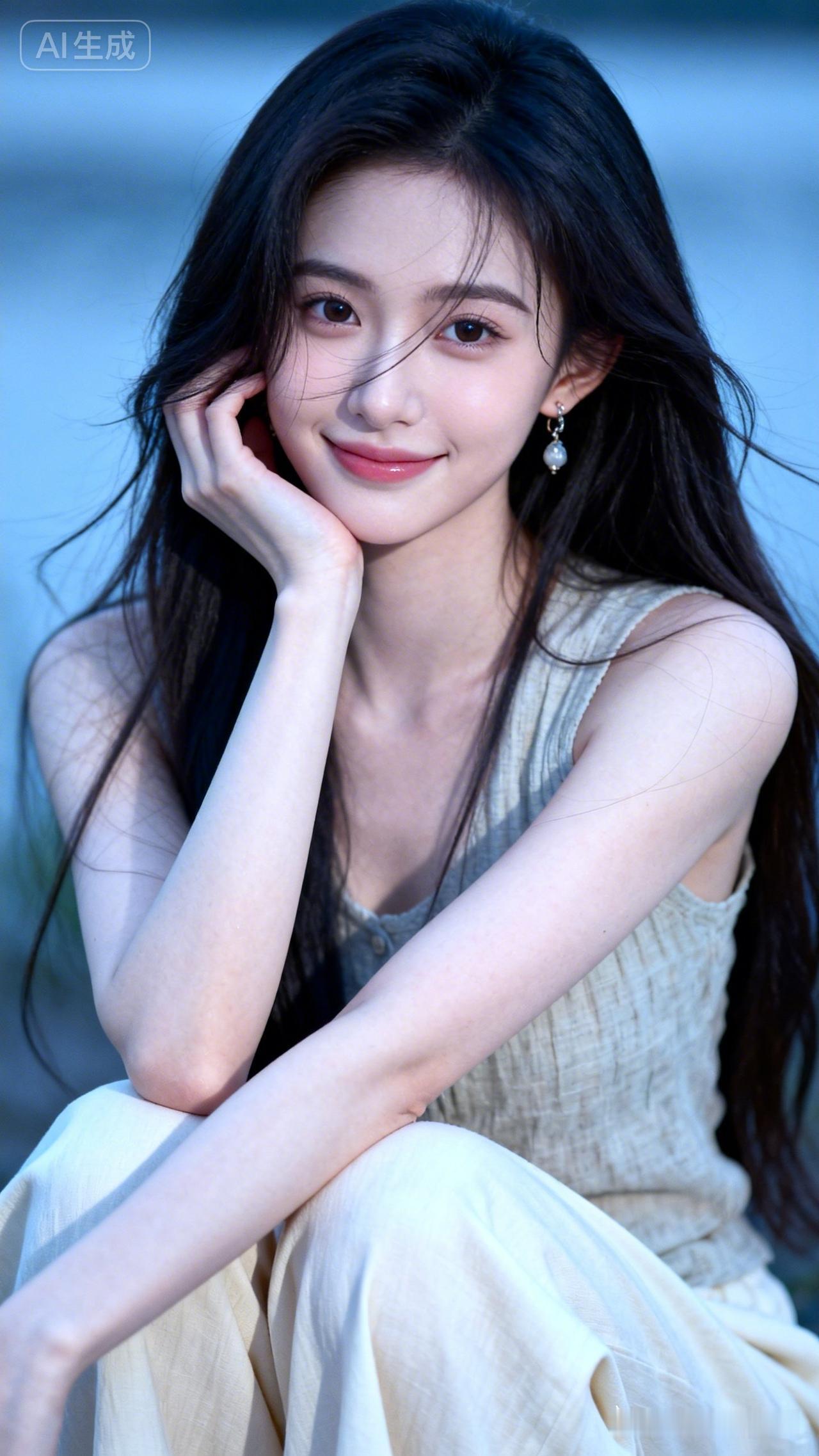 美少女冷白陶瓷水嫩肌肤细腻透亮，长发垂落拂面，身着浅亚麻无袖上衣与米白阔腿拖地长