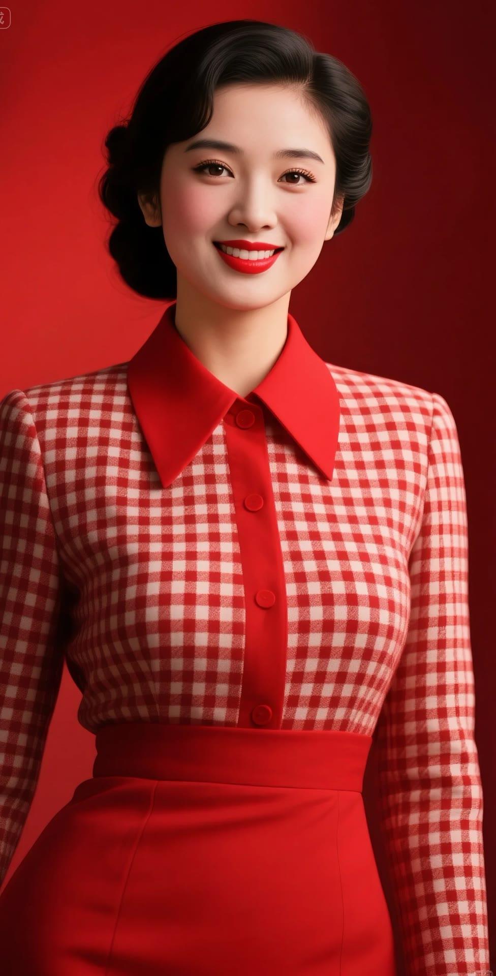 复古红格子连衣裙，优雅气质，笑靥如花