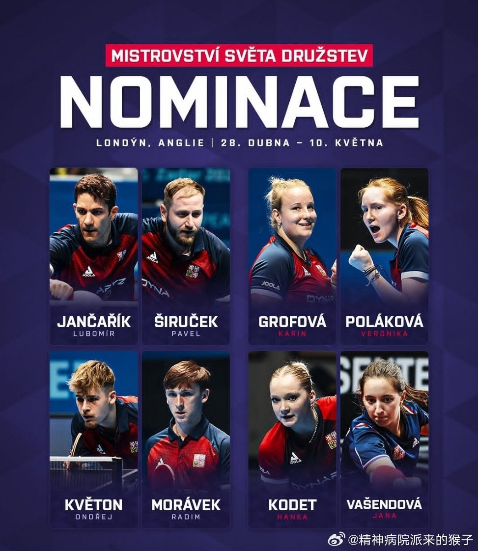 捷克队2026年伦敦团体世乒赛参赛名单🇨🇿男团：扬察里克、希鲁切克、克韦顿、