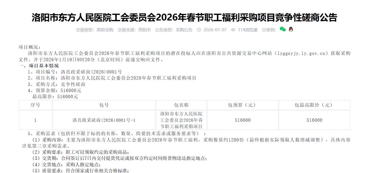 洛阳市东方人民医院工会委员会2026年春节职工福利采购项目竞争性磋商公告，预算5