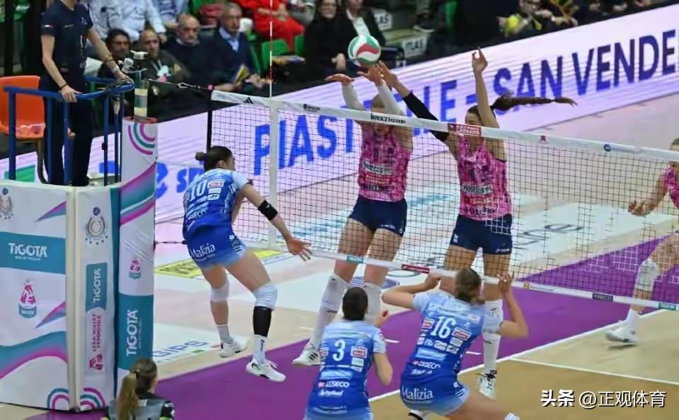 【朱婷，“关键分女王”名副其实】
昨天，意甲女排甲级联赛半决赛，科内与诺瓦拉强强