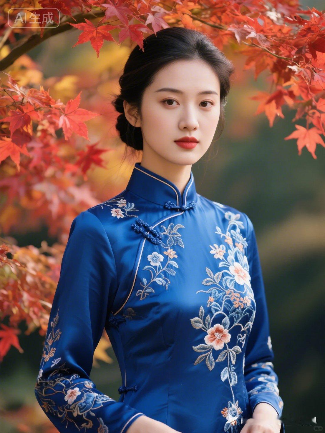 秋意浓，红叶映美人，蓝衣映秋色。