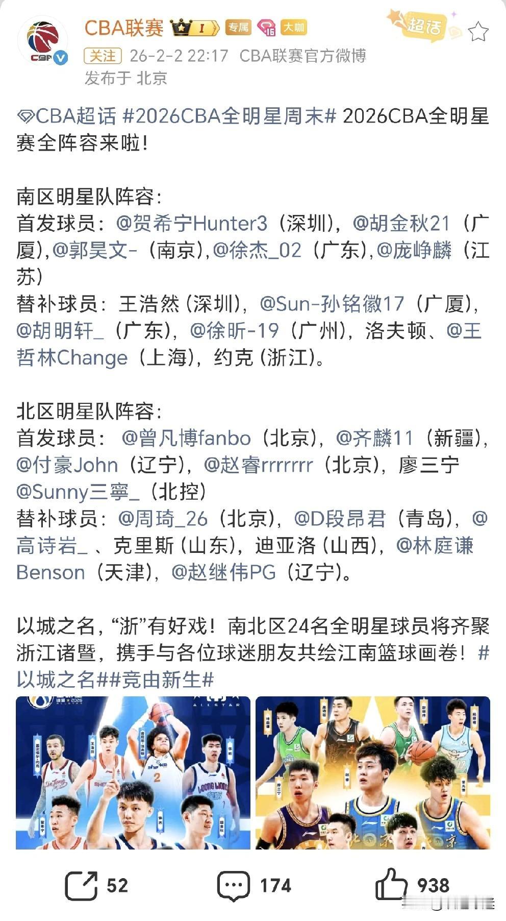 CBA公布本赛季全明星阵容名单
有意思的是，原本南区有郭艾伦 ，北区赵继伟 在投