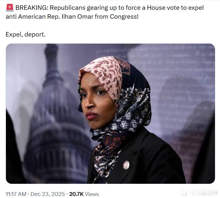 共和党正计划在众议院发起投票，将反美议员伊尔汉·奥马尔逐出国会！ 